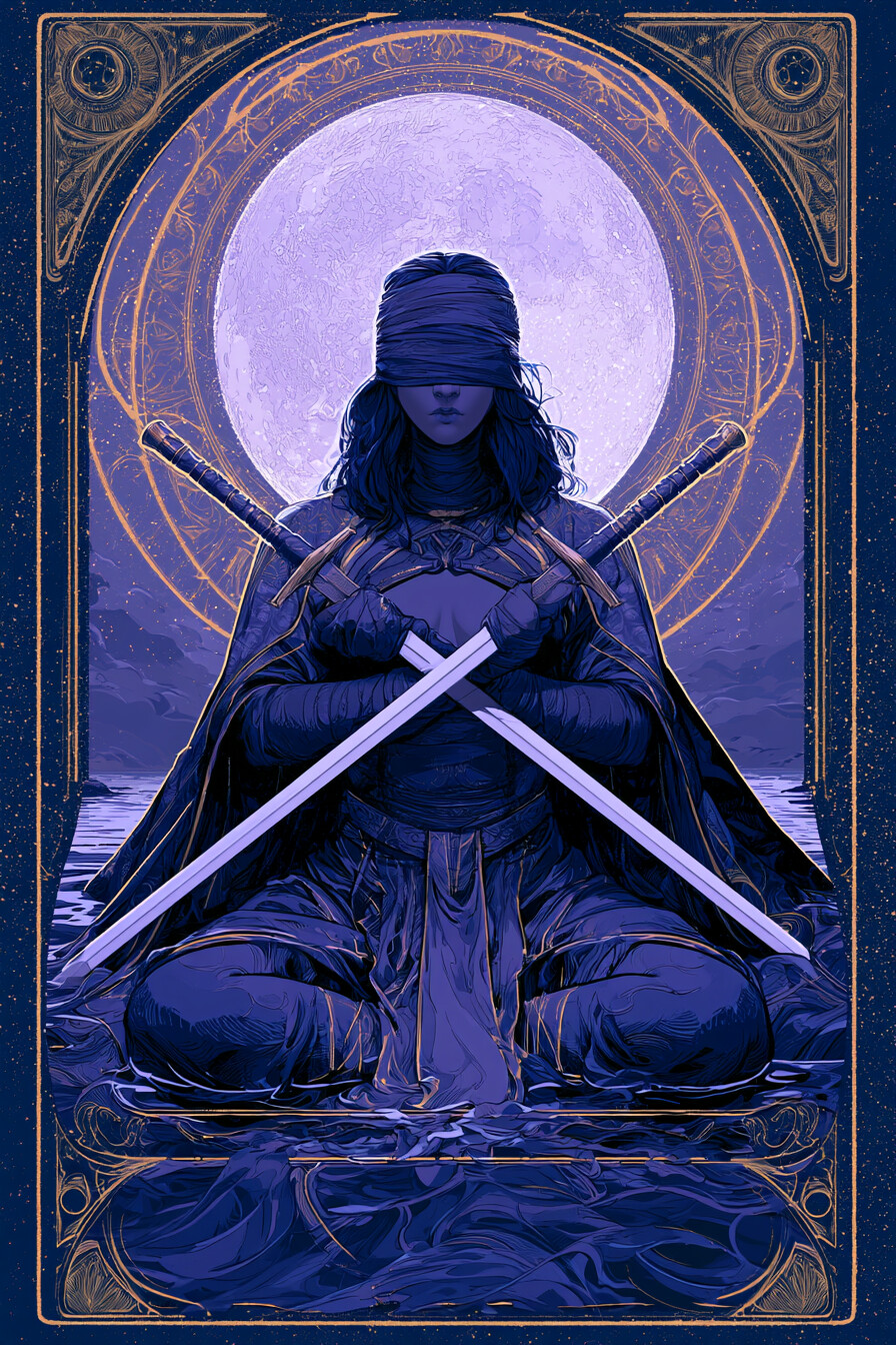 2 소드(2 of Swords) 타로 카드 그림 — 선택과 균형, 협력의 시작 (생각·갈등·판단력)