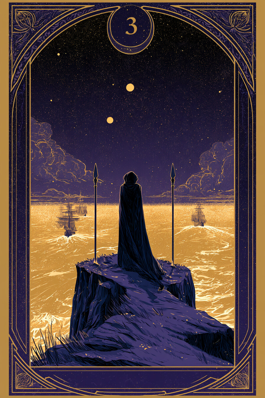 3 완드(3 of Wands) 타로 카드 그림 — 초기 성장, 협업을 통한 확장 (열정·행동·일과 …