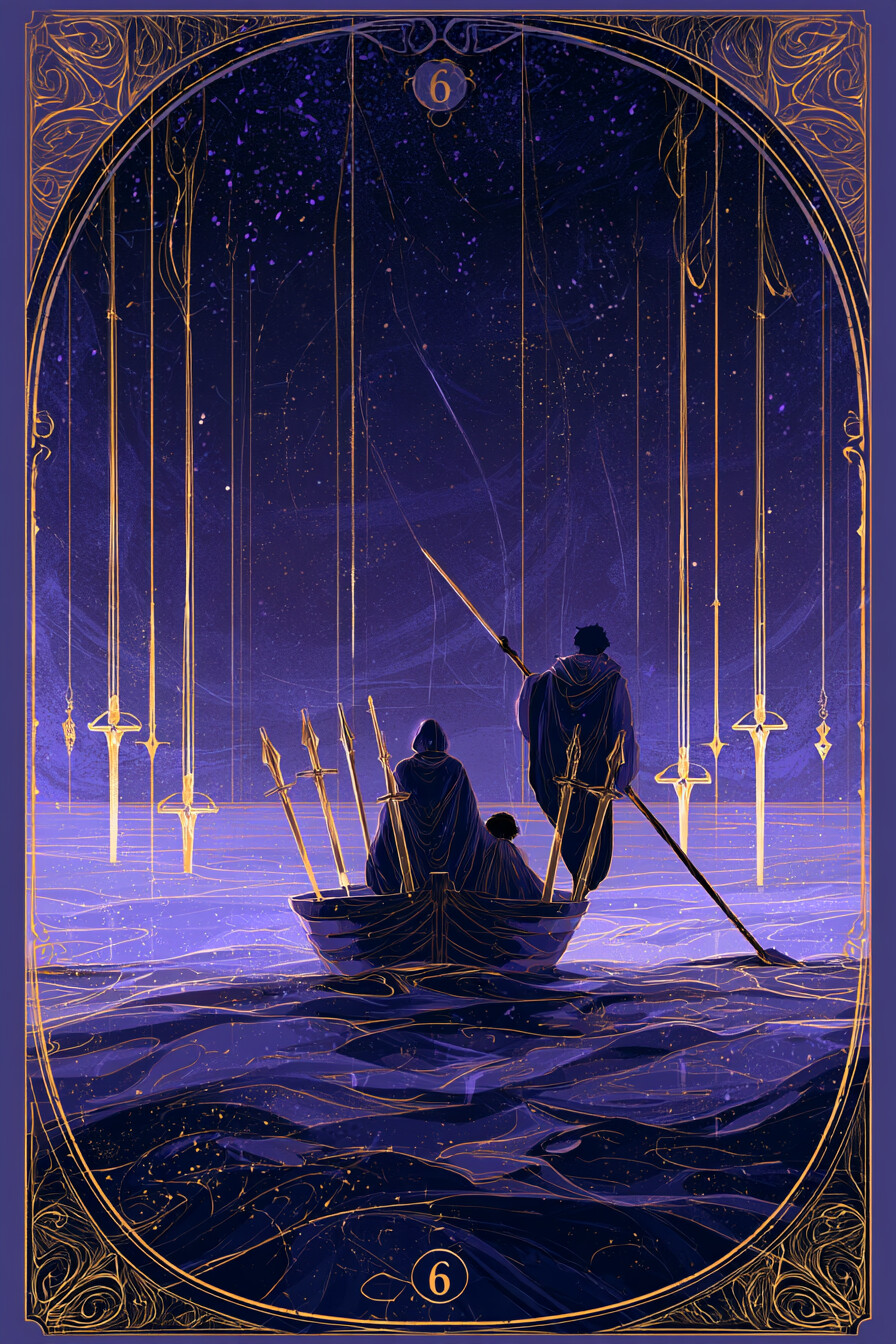 6 소드(6 of Swords) 타로 카드 그림 — 조화의 회복, 균형 잡힌 흐름 (생각·갈등·판단력)