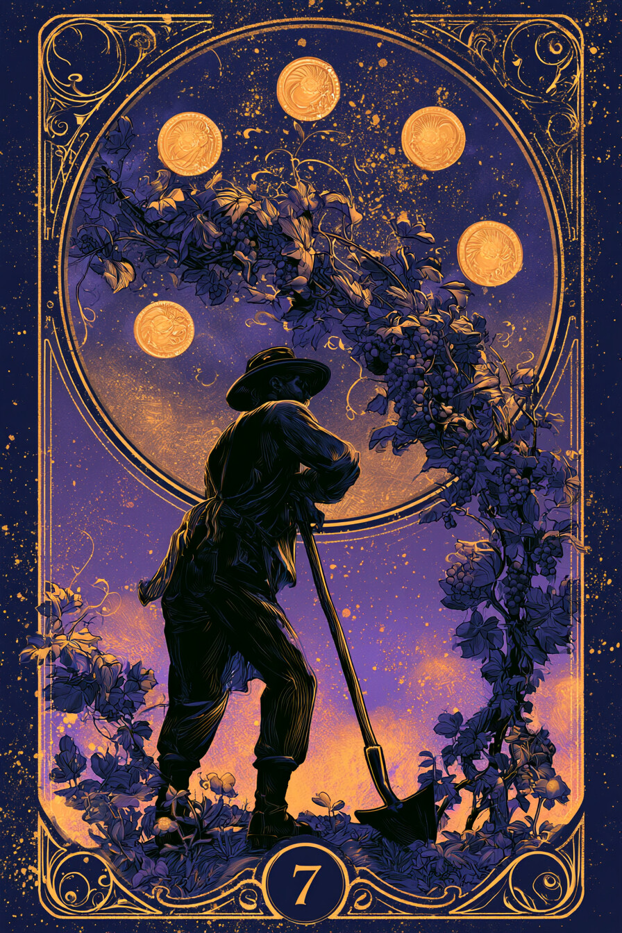 7 펜타클(7 of Pentacles) 타로 카드 그림 — 인내와 평가, 노력의 중간 점검 (물질·재물·현실…