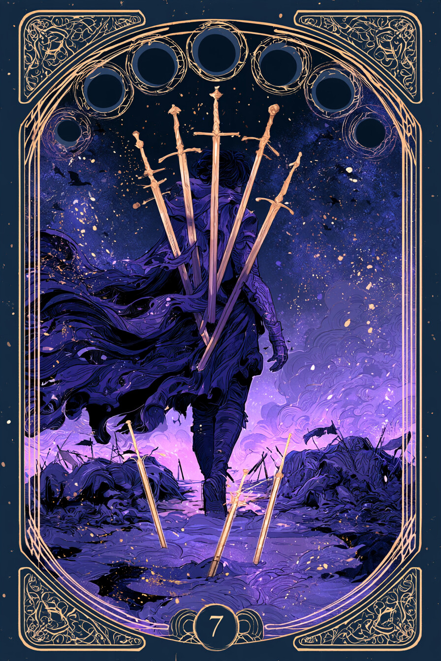 7 소드(7 of Swords) 타로 카드 그림 — 인내와 평가, 노력의 중간 점검 (생각·갈등·판단…