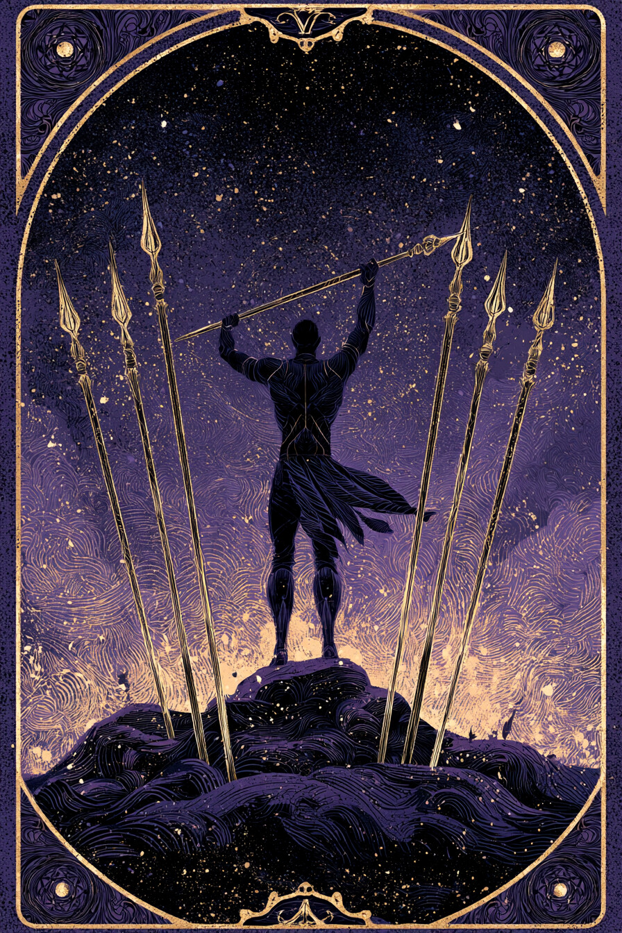 7 완드(7 of Wands) 타로 카드 그림 — 인내와 평가, 노력의 중간 점검 (열정·행동·일과…
