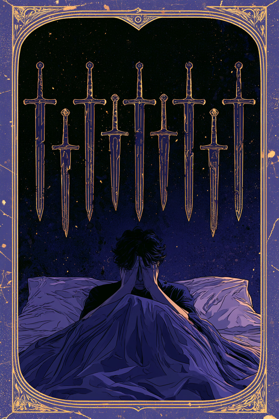 9 소드(9 of Swords) 타로 카드 그림 — 거의 다다른 목표, 성숙한 결실 (생각·갈등·판단…