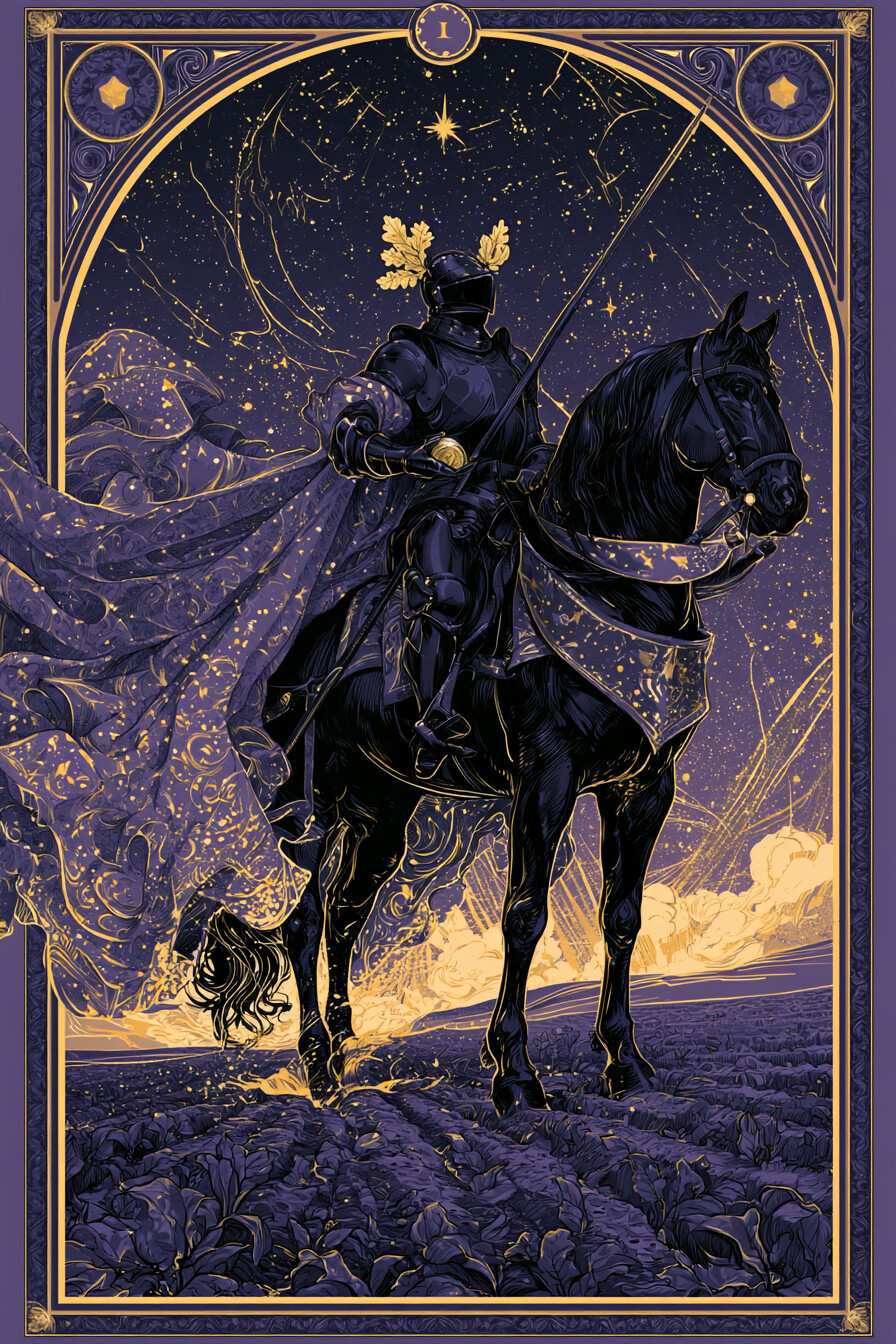 기사 펜타클(Knight of Pentacles) 타로 카드 그림 — 행동으로 옮기는 추진력, 목표를 향한 돌진 (물…