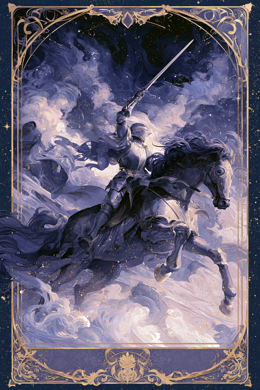 기사 소드(Knight of Swords) 타로 카드 그림 — 행동으로 옮기는 추진력, 목표를 향한 돌진 (생…