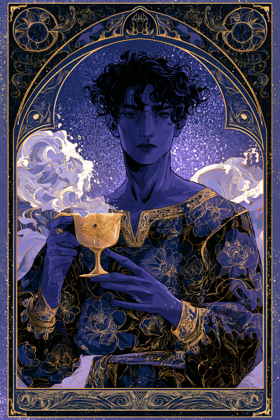 페이지 컵(Page of Cups) 타로 카드 그림 — 배움의 시작, 호기심 어린 메시지 (감정·관계·마…