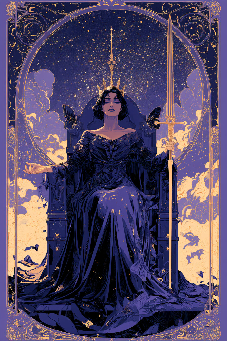 여왕 소드(Queen of Swords) 타로 카드 그림 — 성숙한 포용력, 해당 영역을 다루는 내면의 힘 (…