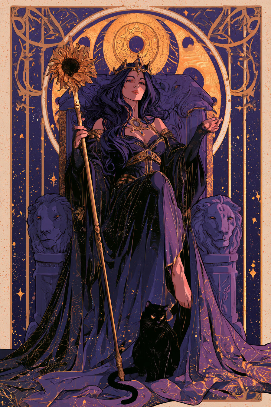 여왕 완드(Queen of Wands) 타로 카드 그림 — 성숙한 포용력, 해당 영역을 다루는 내면의 힘 (…