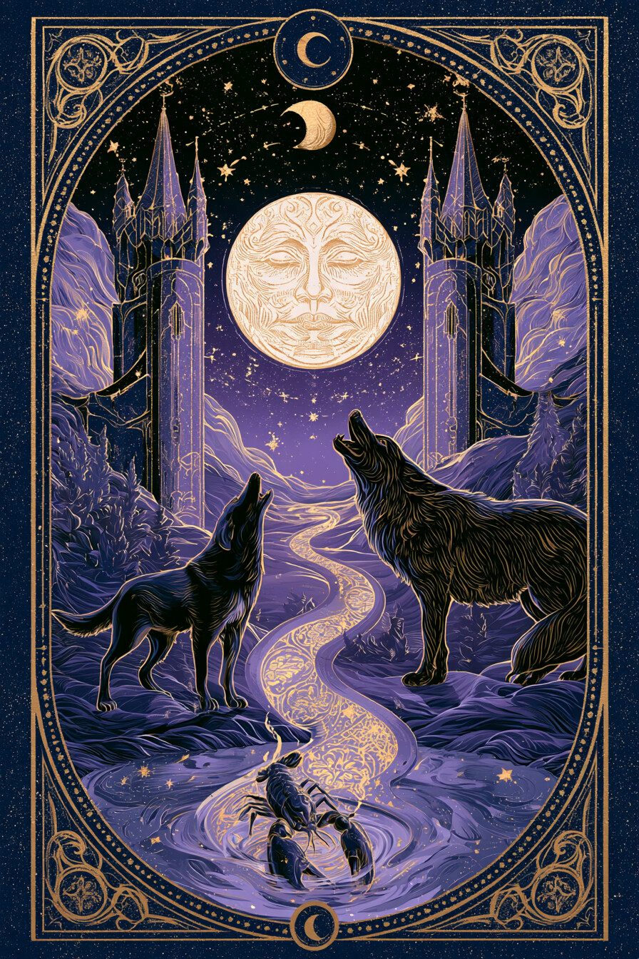 달(The Moon) 타로 카드 그림 — 불확실함, 무의식의 신호, 명확하지 않은 상황