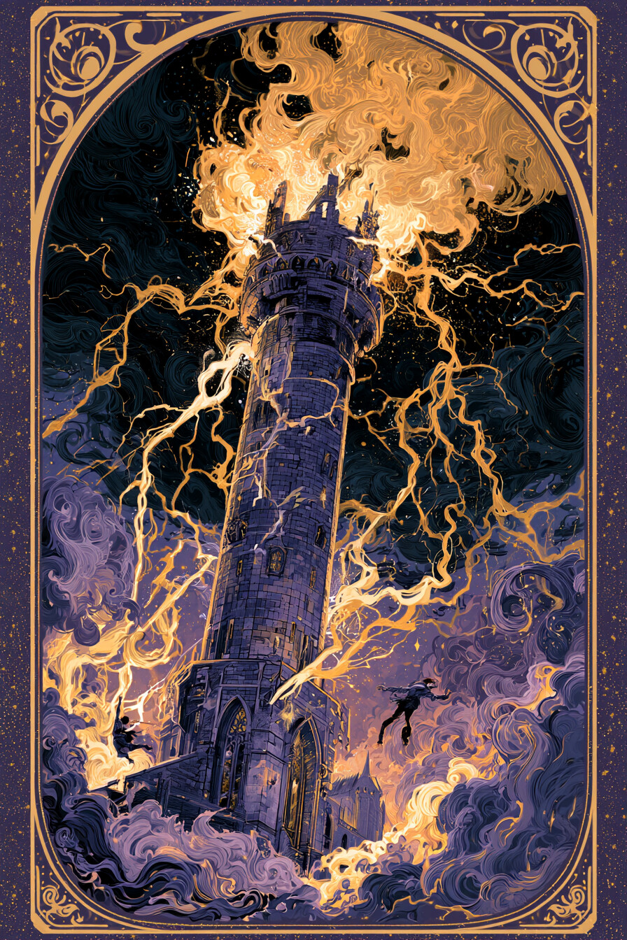 탑(The Tower) 타로 카드 그림 — 급작스러운 붕괴, 충격적인 깨달음, 낡은 구조의…